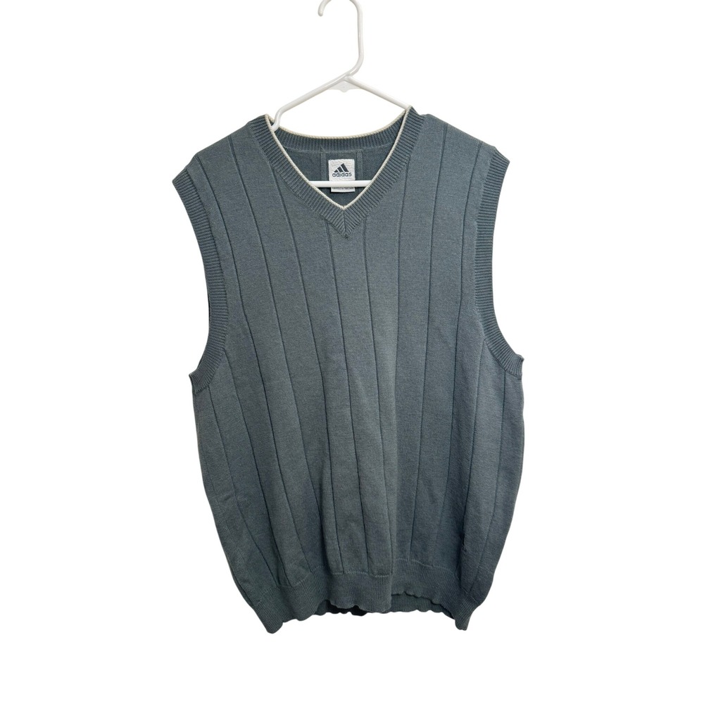 Vintage Adidas 100% Wool V-Neck Sweater Vest Slate Blue Gray Mens Large